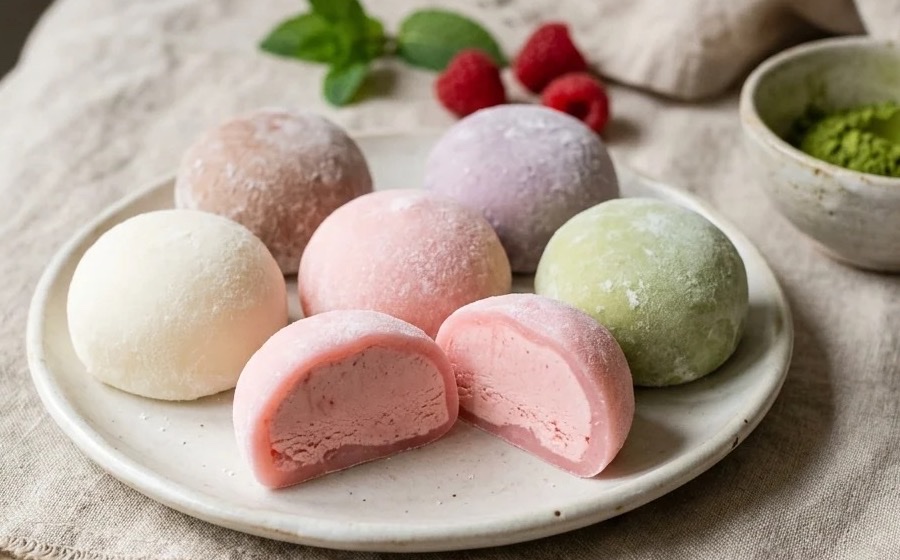 Mochis glacés parfumés, dont un ouvert sur sa glace à la framboise